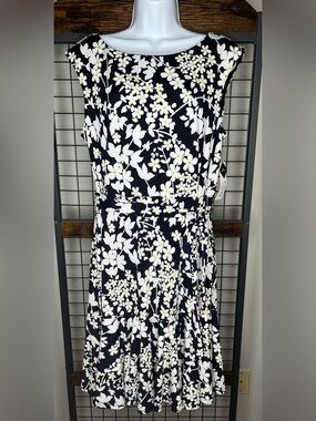 Studio One New York Sleeveless Navy Floral Midi Dress with Self-Tie Belt NWT
